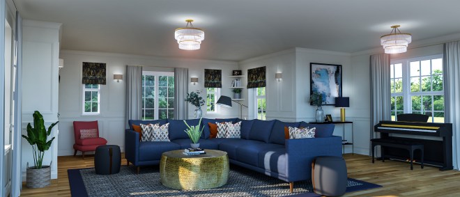 Sophisticated family living room featuring a blue corner sofa